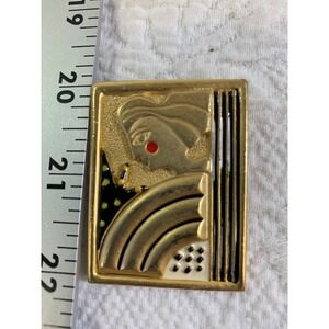 AJC‎ Vintage 80s Art Deco Gold Tone Enamel Woman Face Brooch Pin Rectangle